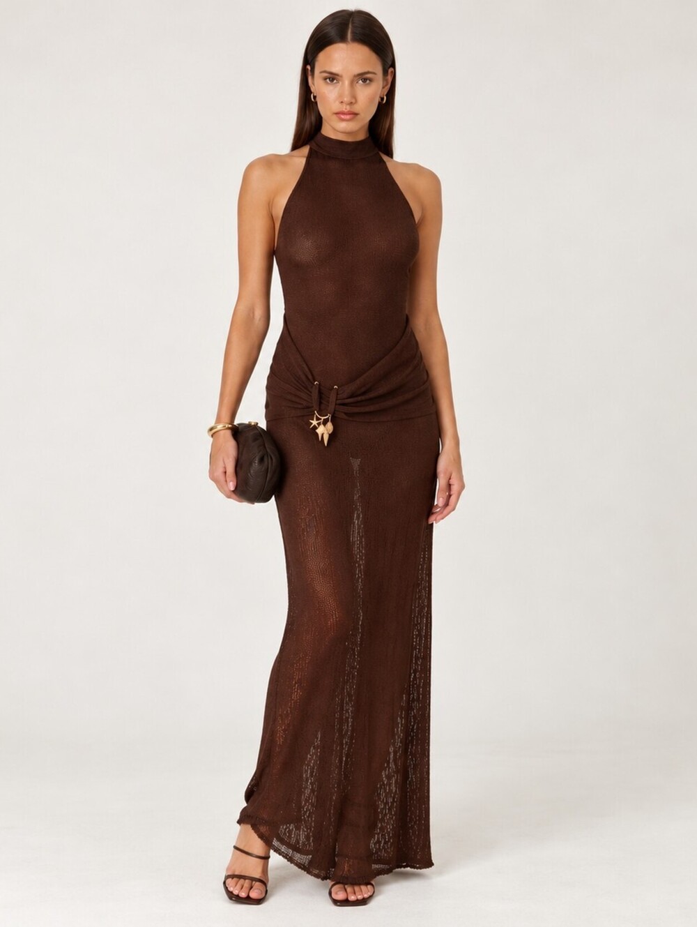 Peppermayo Chocolate Brown Sheer Knit Halter Maxi Dress Shell Detail Small NWT - Picture 2 of 4